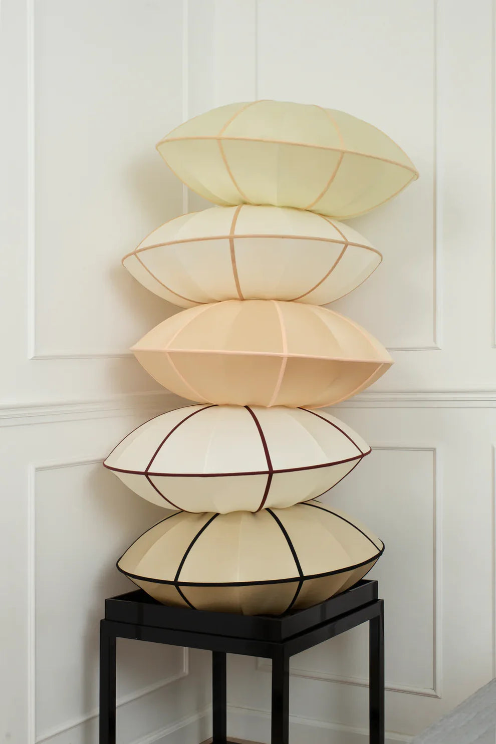 "UFO" Lampshade in Off-White Silk with Bordeaux Ribbon