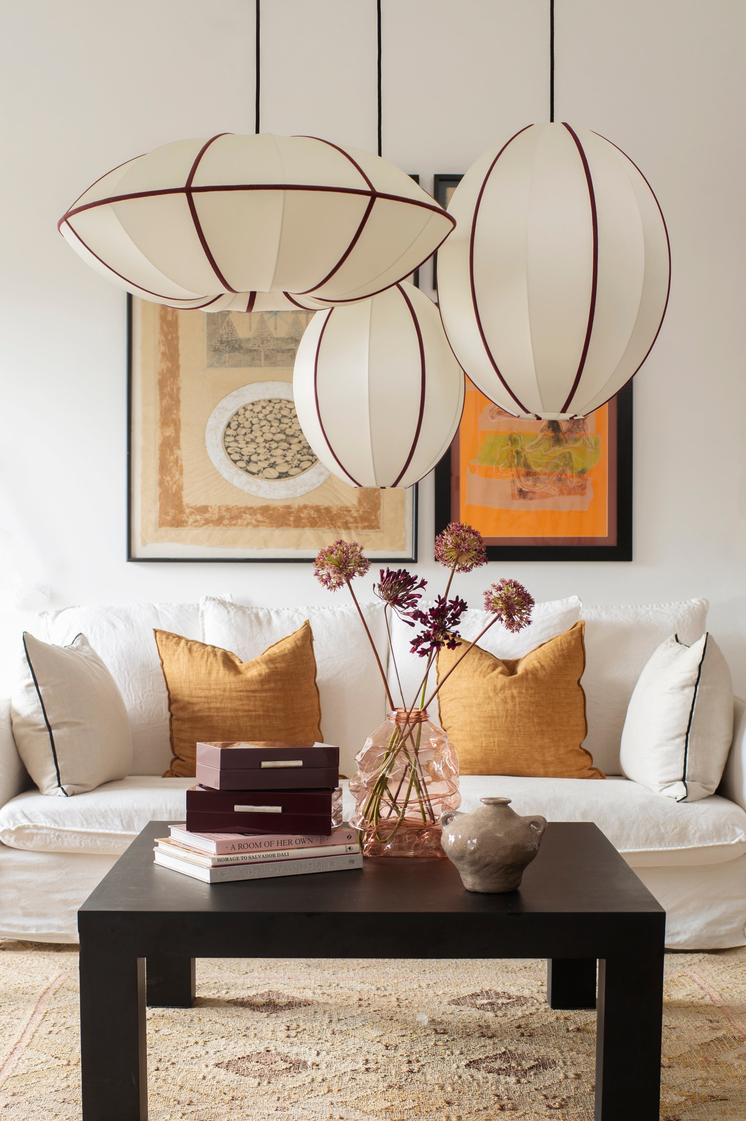 "Oval Large" Lampshade in Off-White Silk with Bordeaux Ribbon