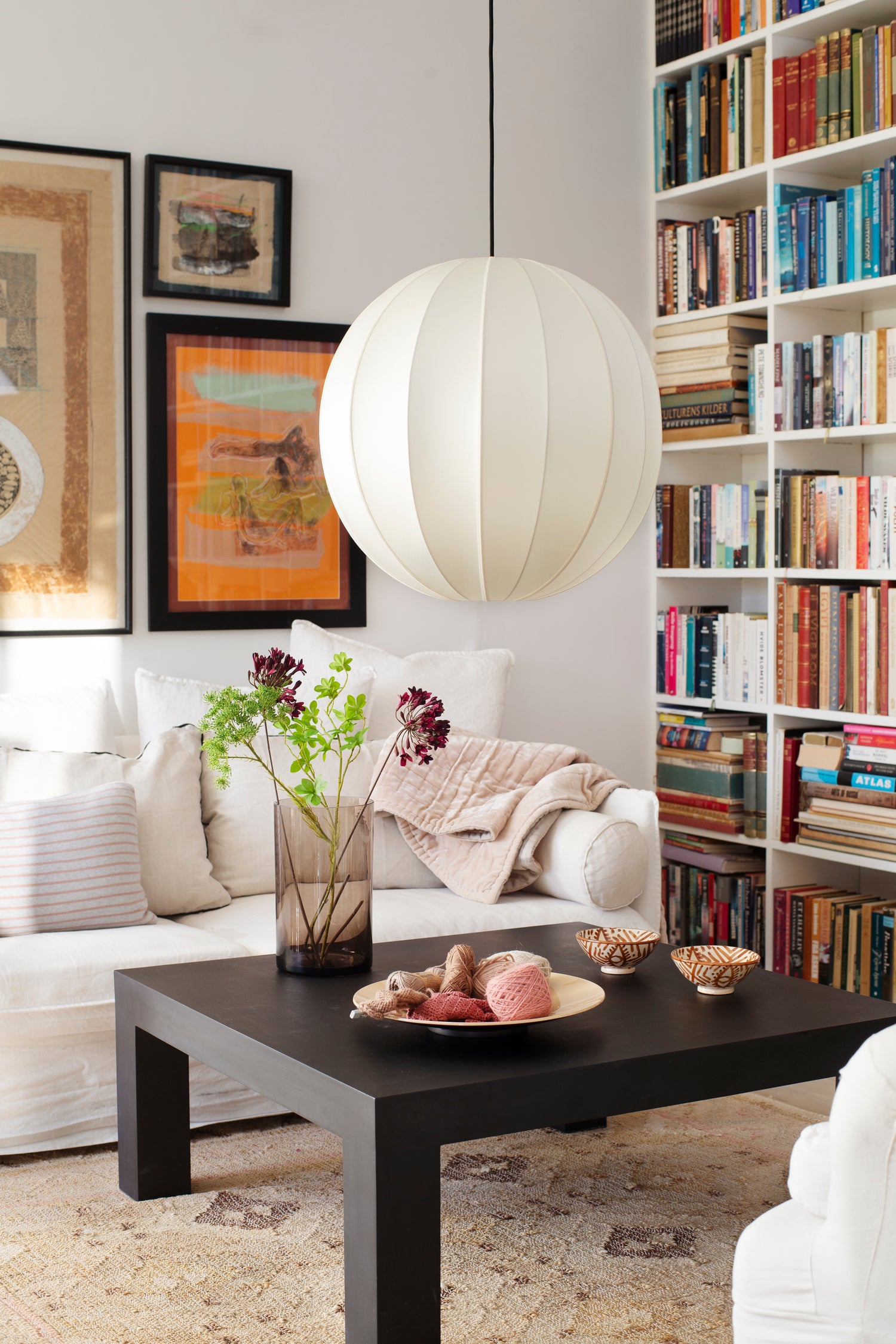 "Round XL" Lampshade in Off-White Silk with Off-White Ribbon