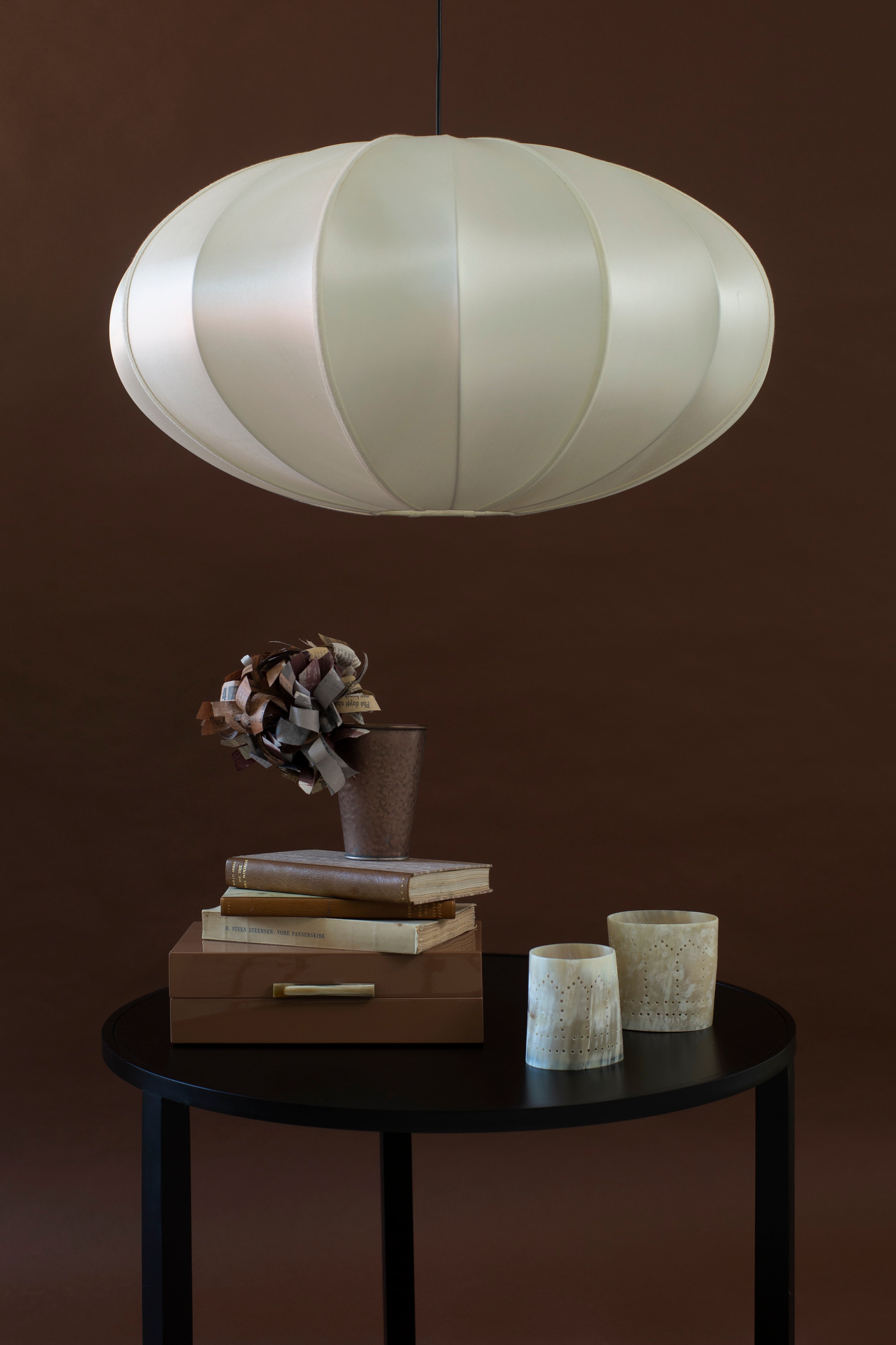 "Pumpkin" Lampshade in Off-White Silk with White Ribbon