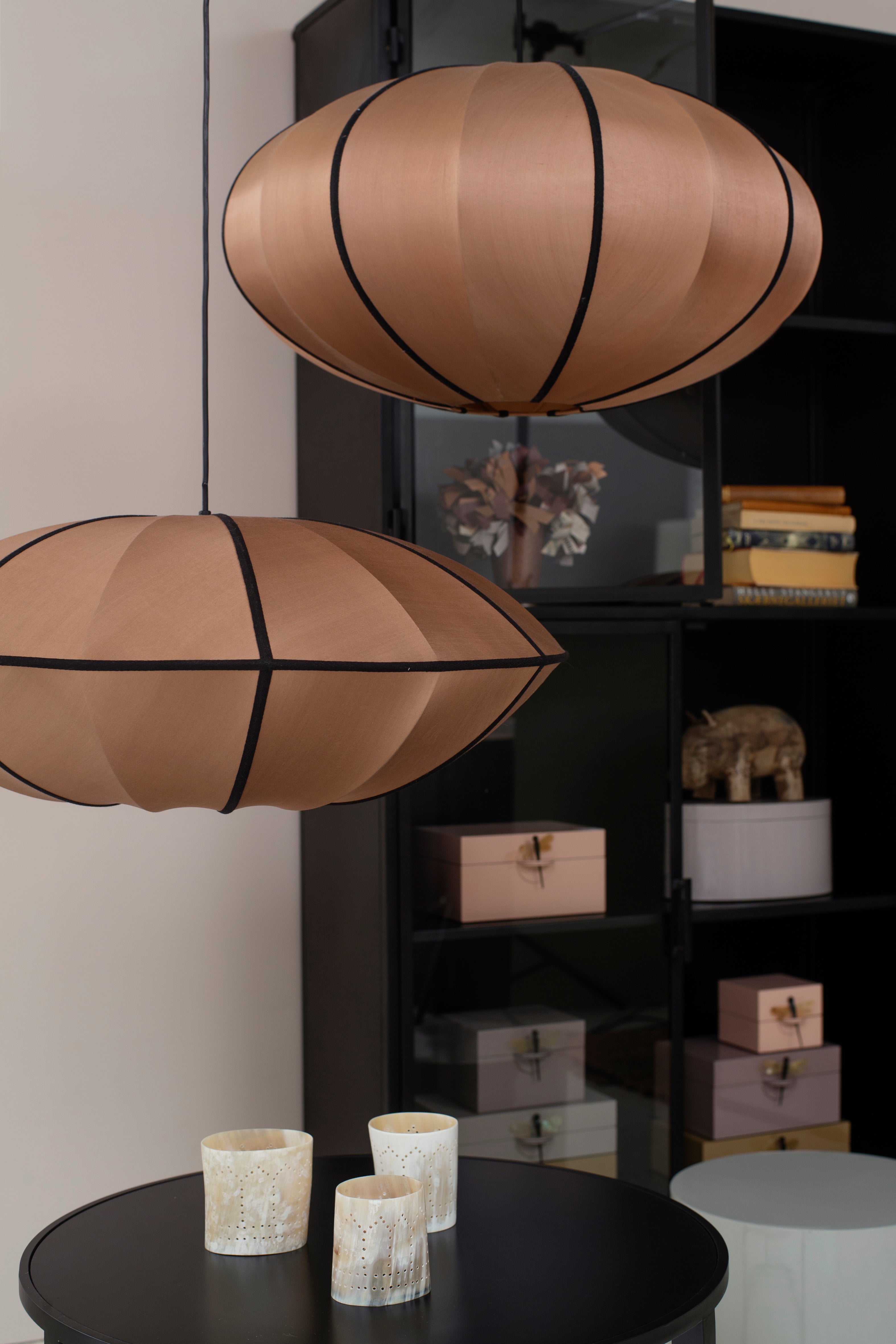 "UFO" Lampshade in RoseBrown Silk with Black Ribbon