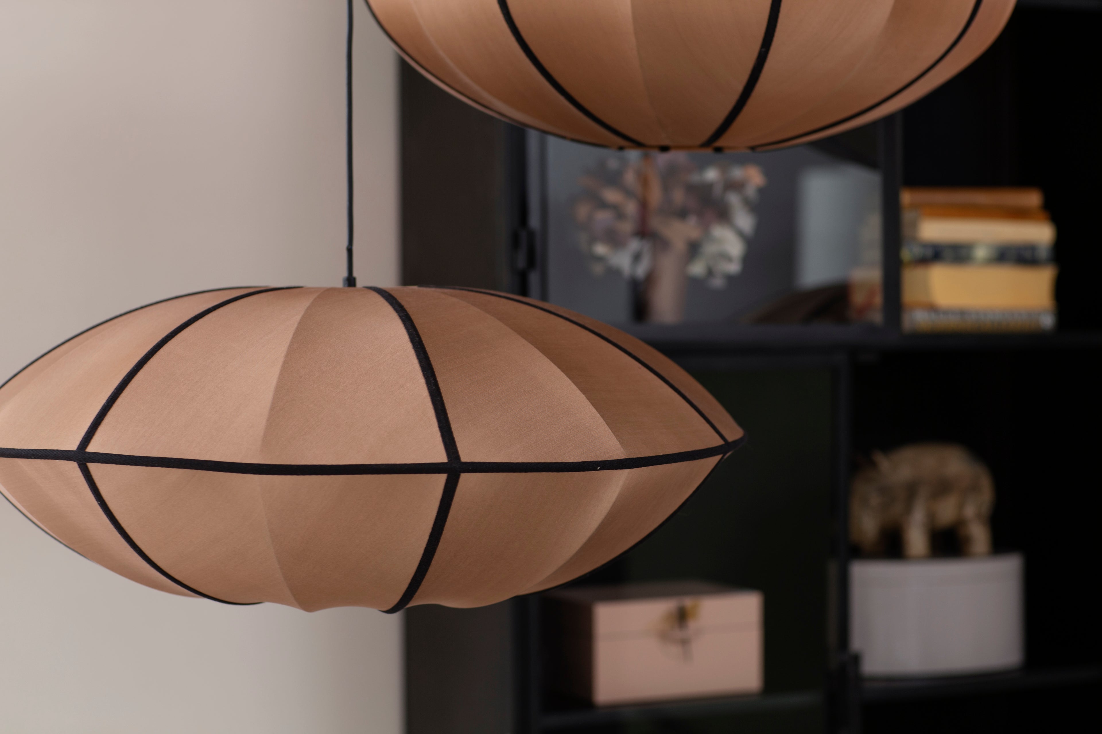 "UFO" Lampshade in RoseBrown Silk with Black Ribbon