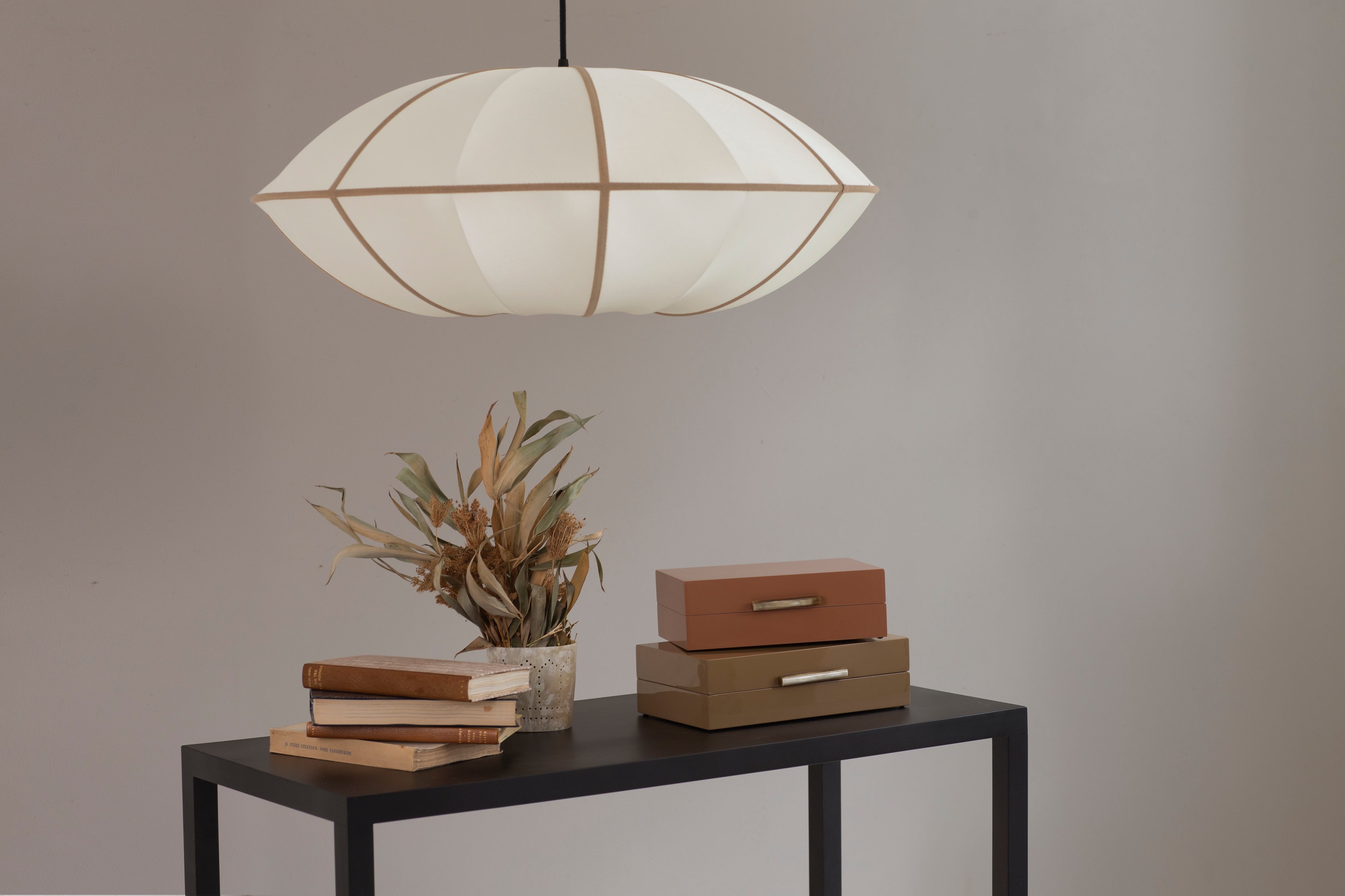 "UFO" Lampshade in Off-White Silk with Amber Ribbon