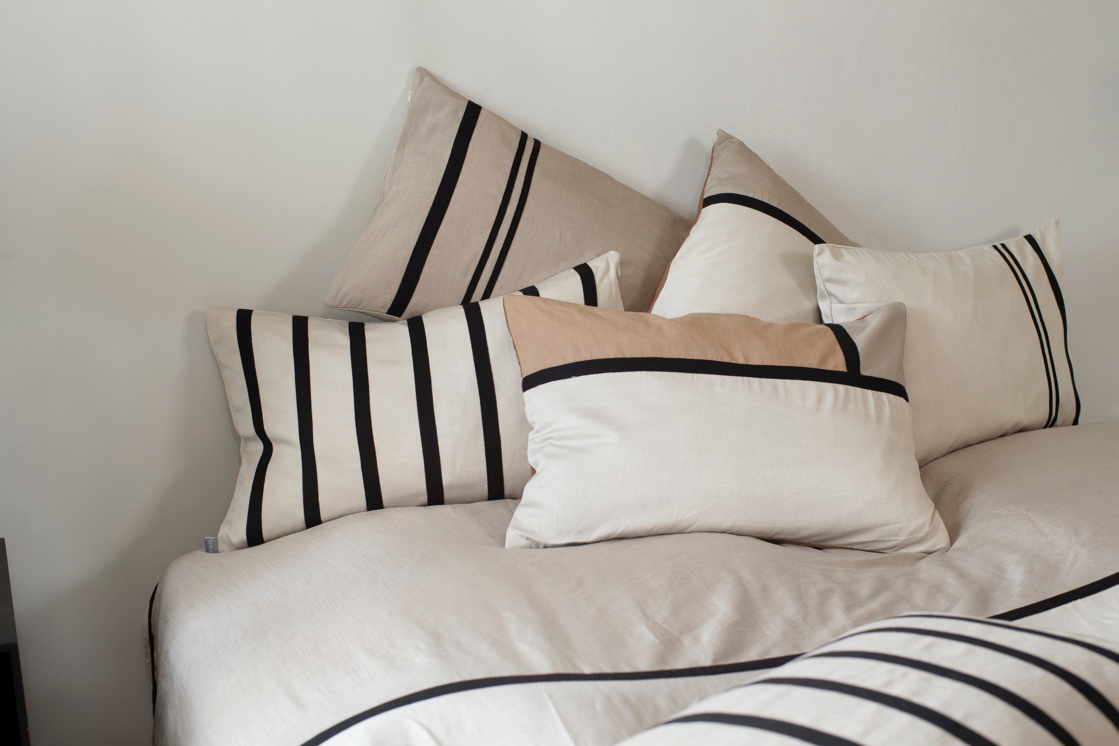 Pillow Cover in RawSilk Sand Color with Wide and Thin Black Ribbon