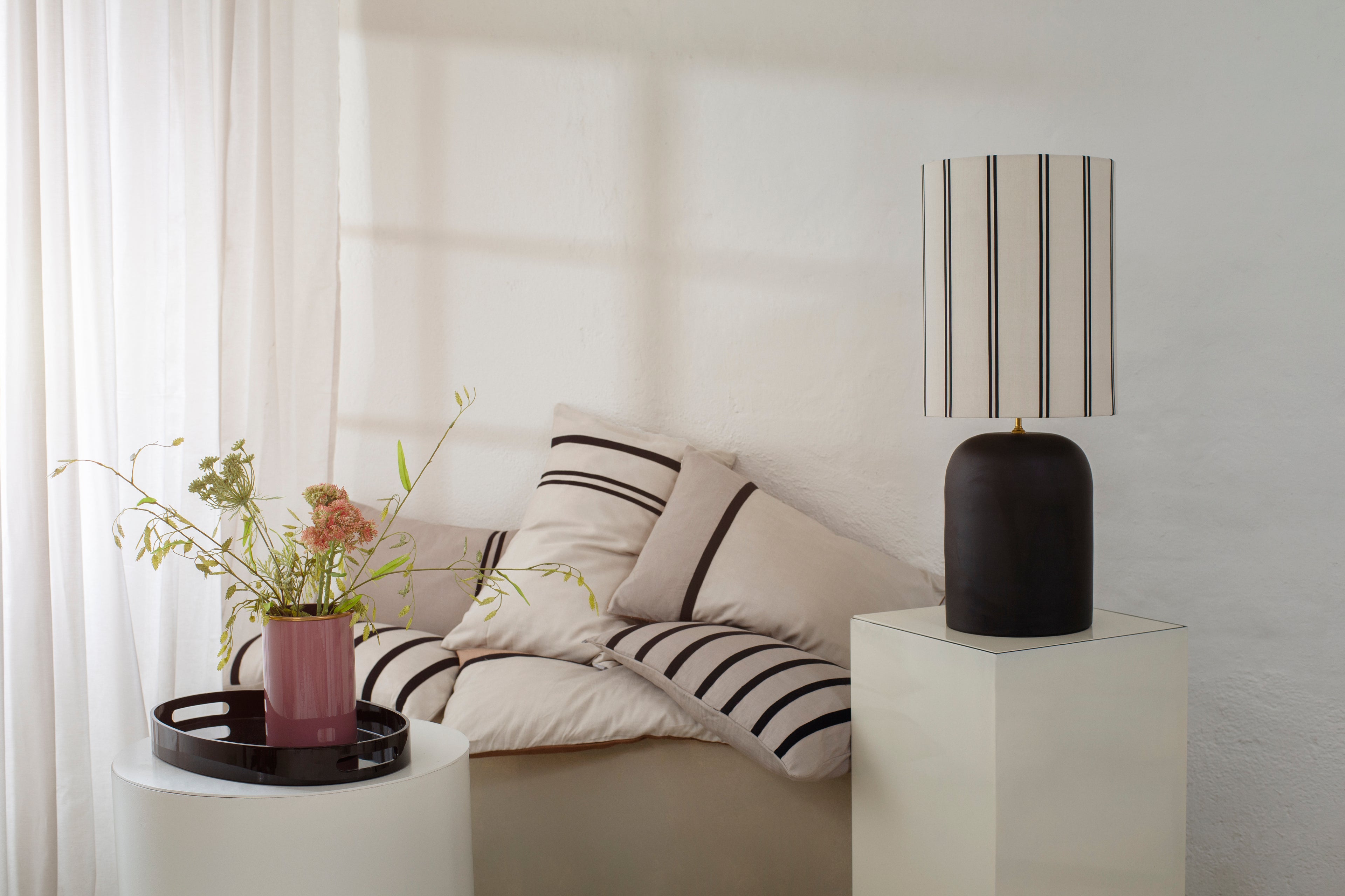 Pillow Cover in Raw Silk Sand Color with Black Wide Ribbon