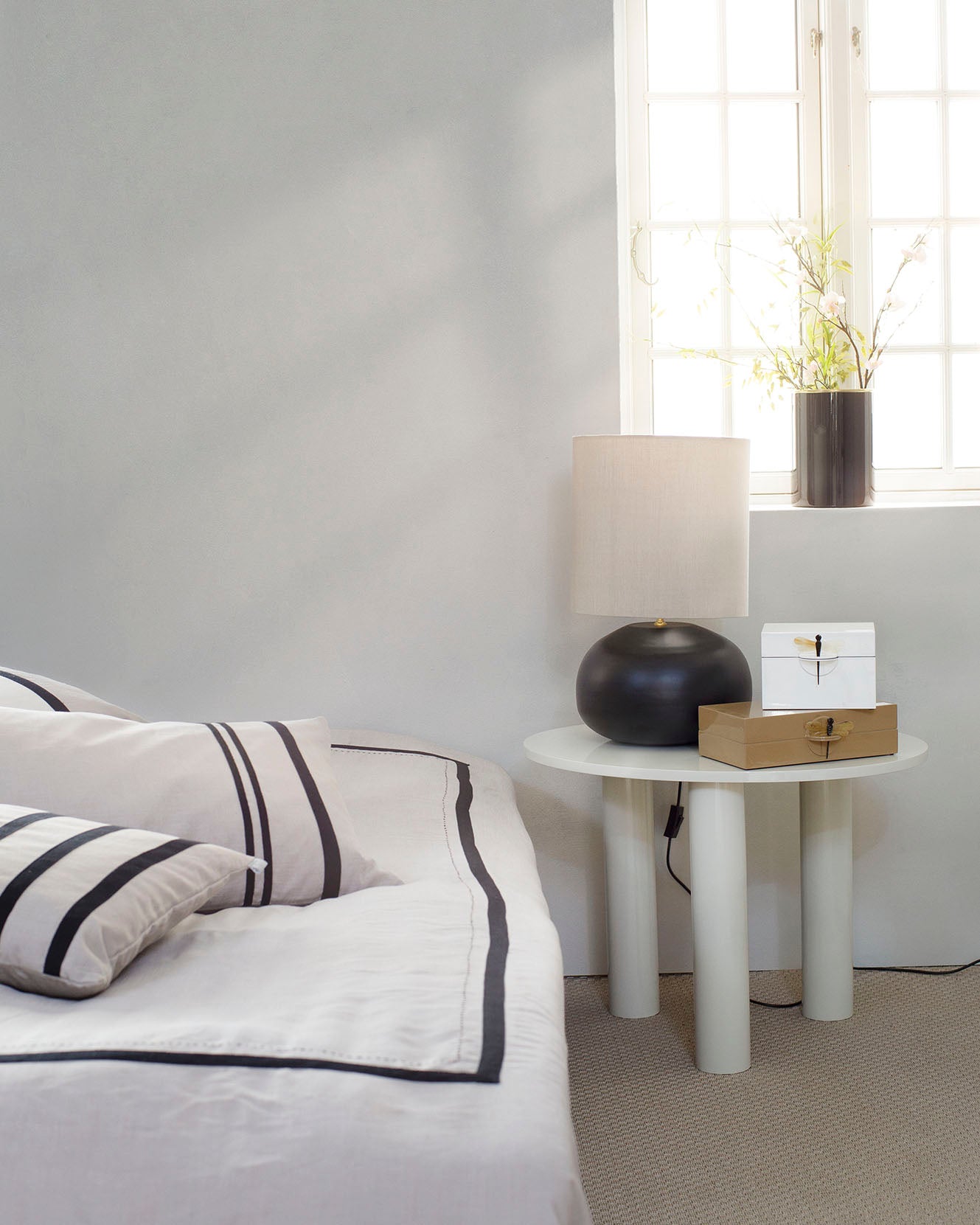 Bedcover in Raw Silk, Sand Color with Black Ribbon