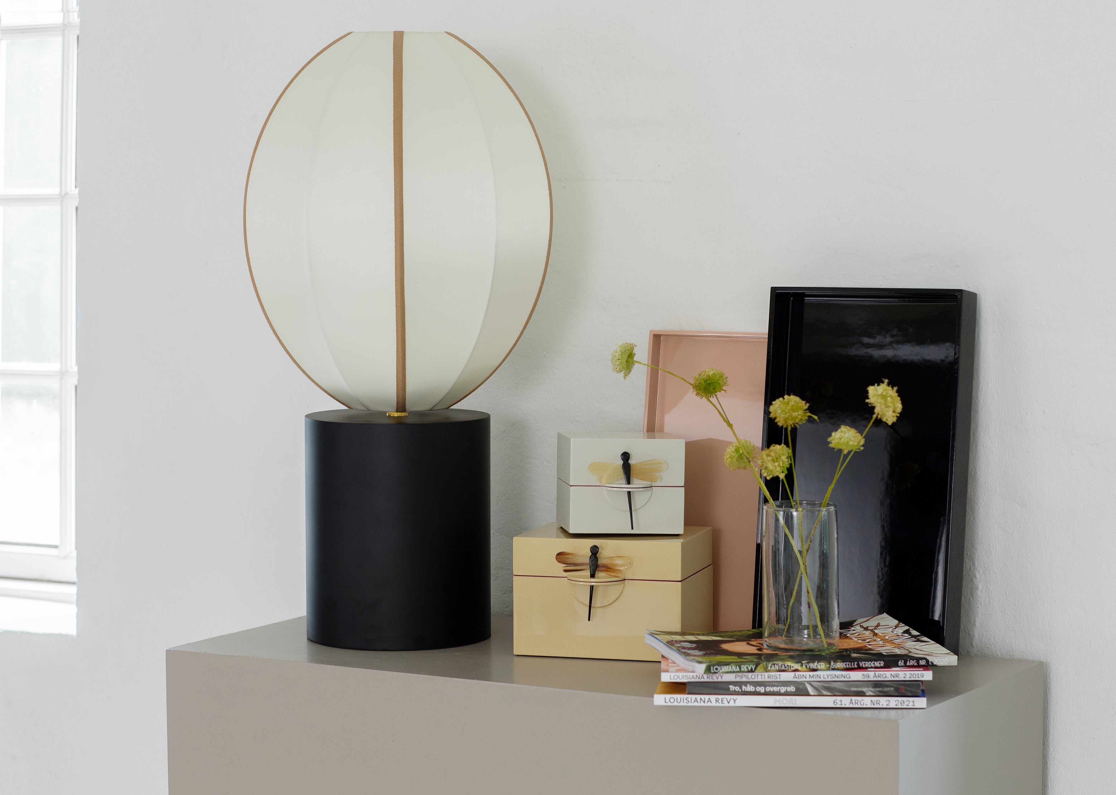 "Oval Small" Lampshade in Off-White Silk with Amber Ribbon