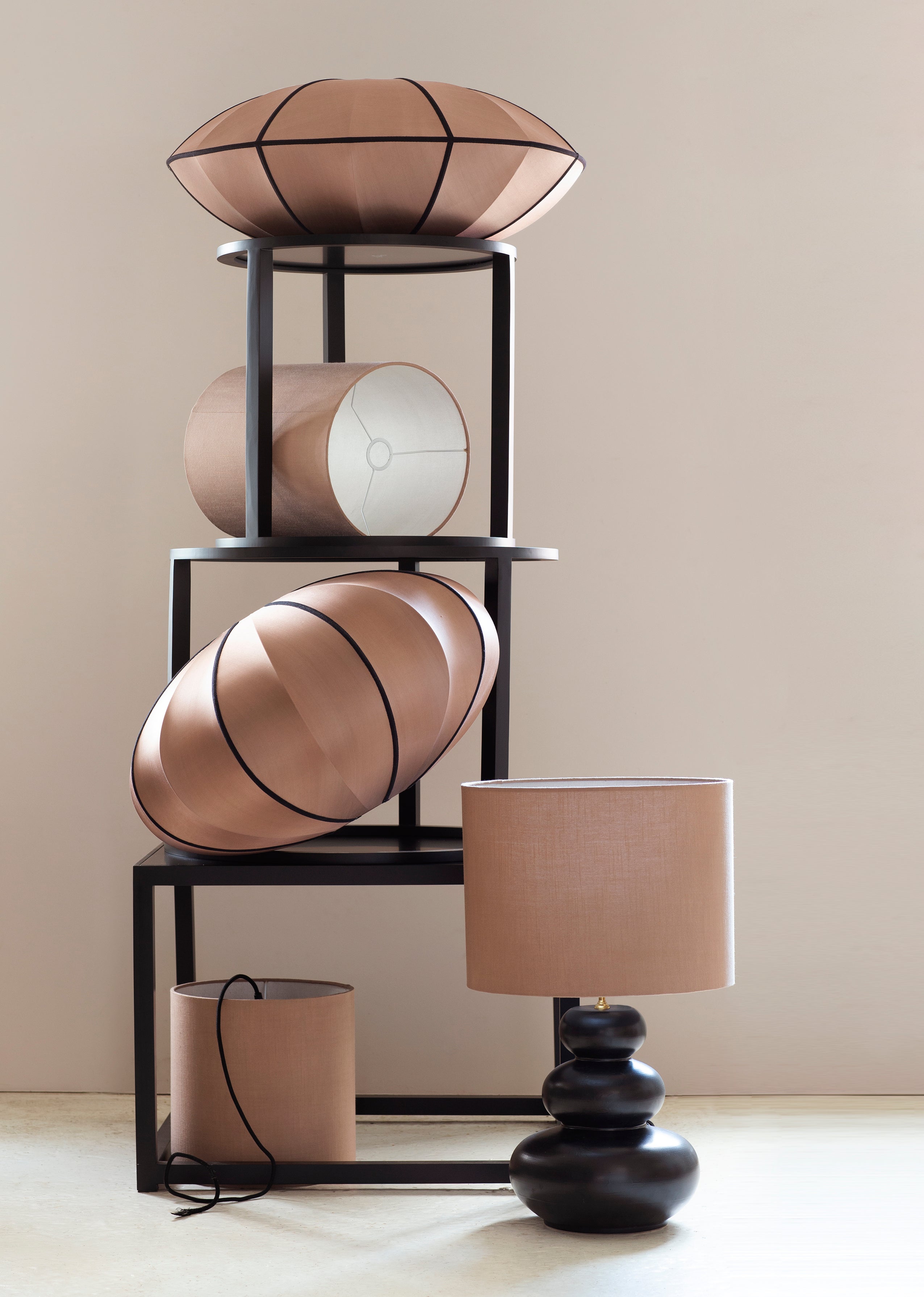 "Pumpkin" Lampshade in RoseBrown Silk with Black Ribbon