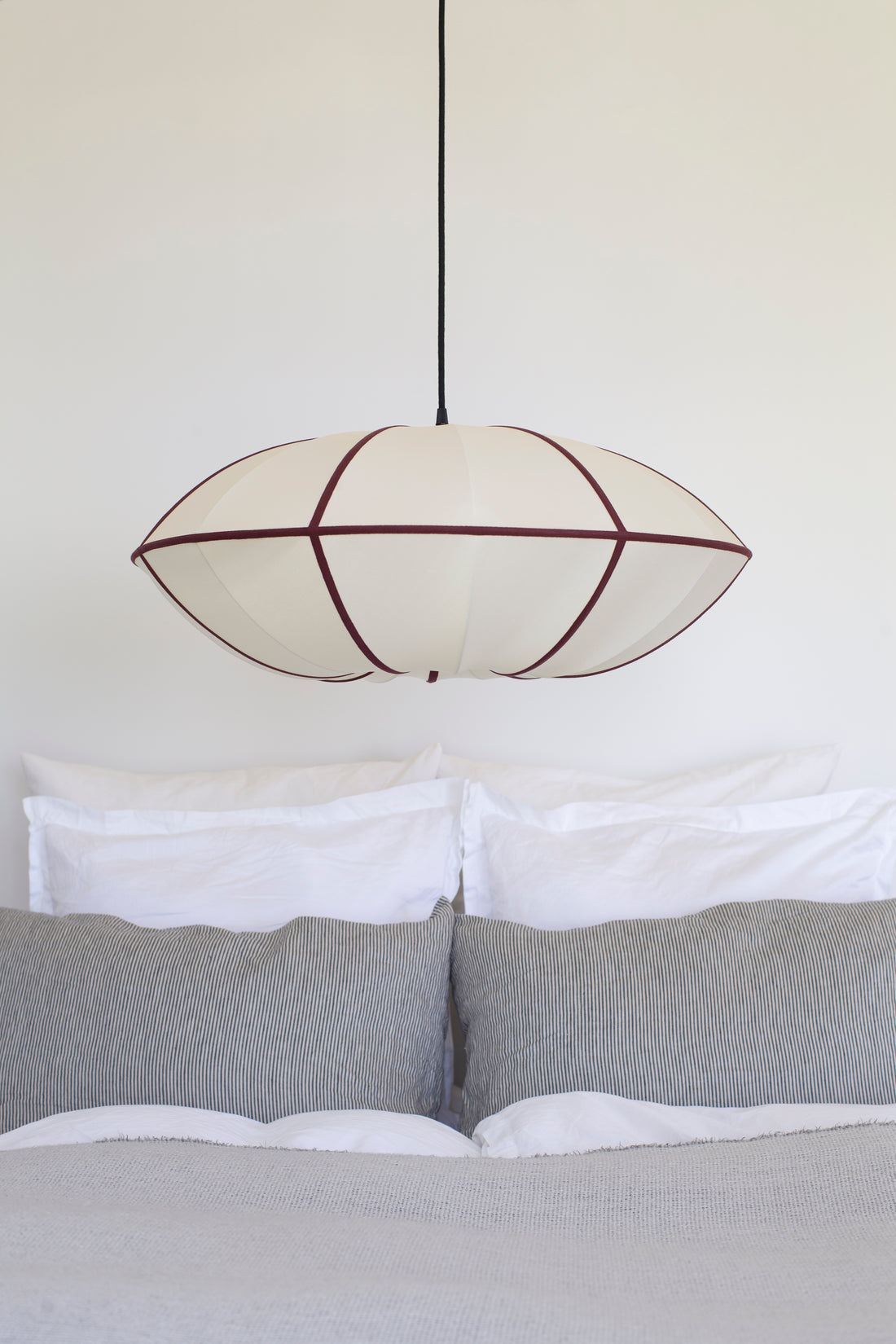 "UFO" Lampshade in Off-White Silk with Bordeaux Ribbon