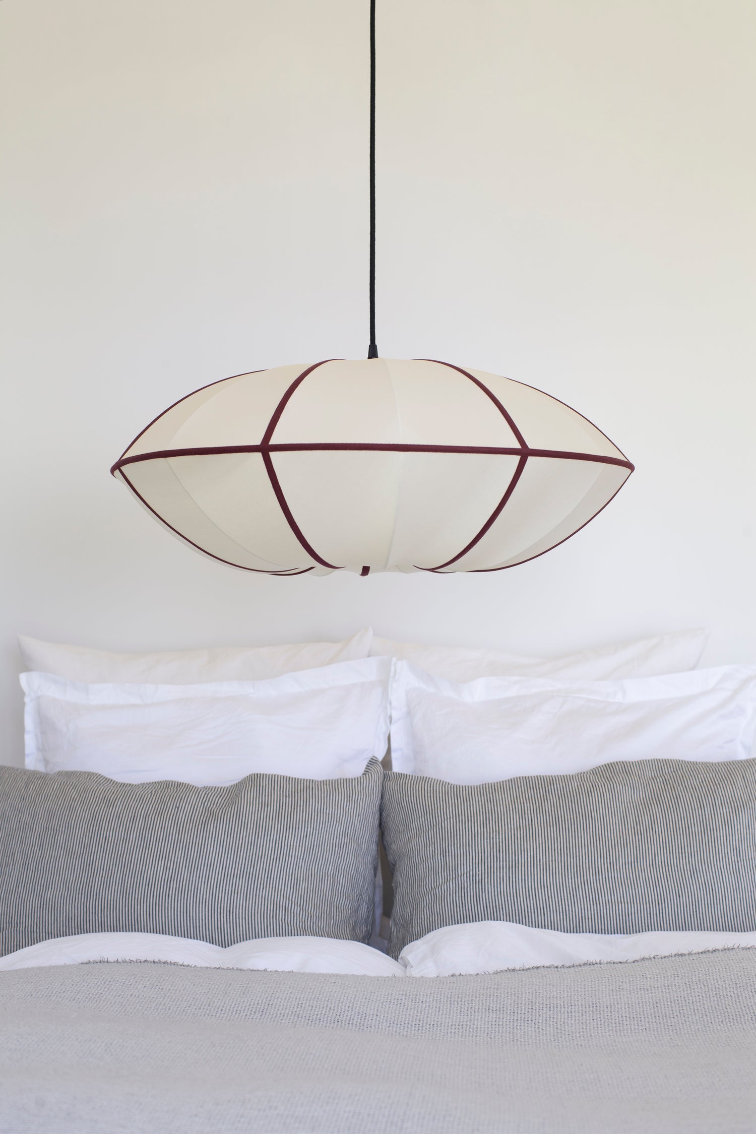 &quot;UFO&quot; Lampshade in Off-White Silk with Bordeaux Ribbon