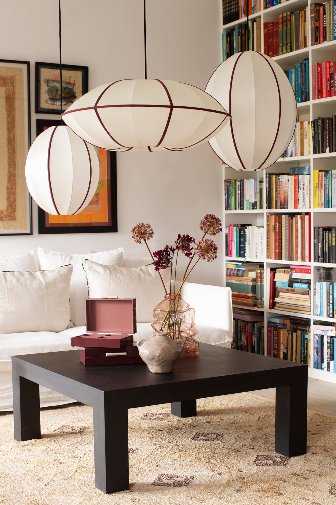 "Oval Small" Lampshade in Off-White Silk with Bordeaux Ribbon