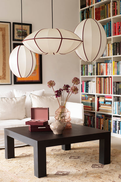 &quot;Oval Small&quot; Lampshade in Off-White Silk with Bordeaux Ribbon