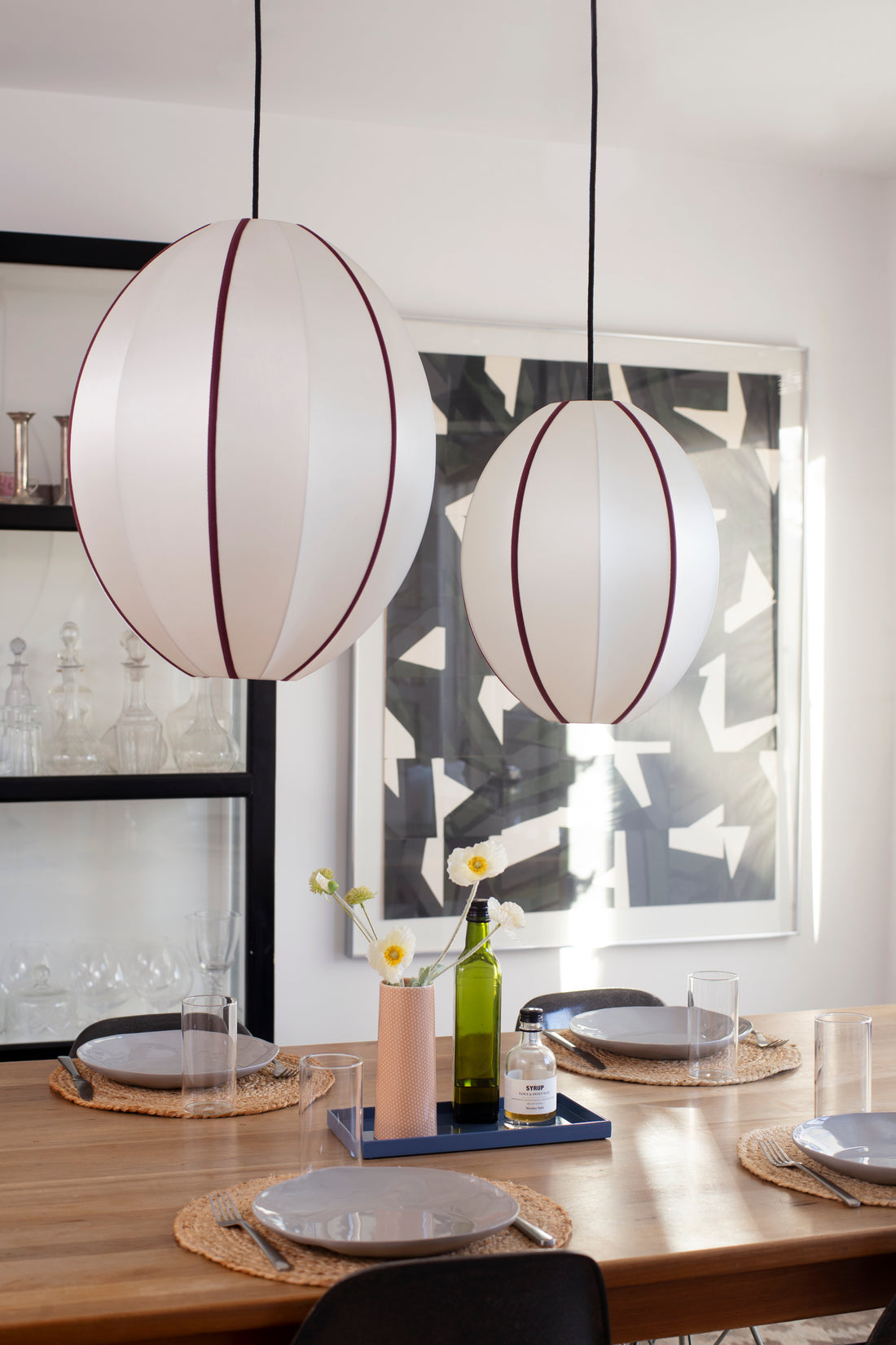 &quot;Oval Large&quot; Lampshade in Off-White Silk with Bordeaux Ribbon