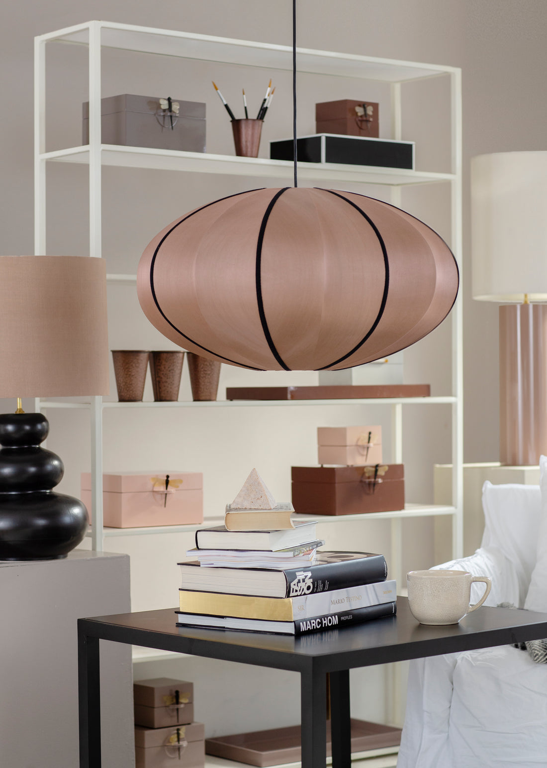 "Pumpkin" Lampshade in RoseBrown Silk with Black Ribbon